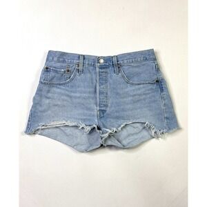 Levis 501 Premium Denim Shorts Womens 31 Button Fly Cut Off Distressed Blue Jean